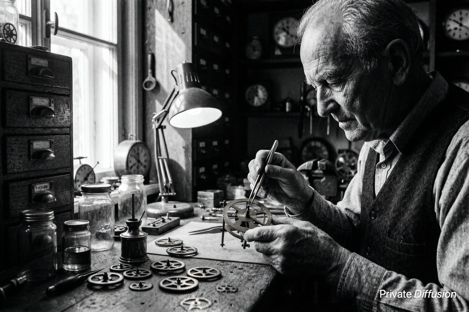 A clockmaker examines a tiny balance wheel at a crowded workbench in black and white.