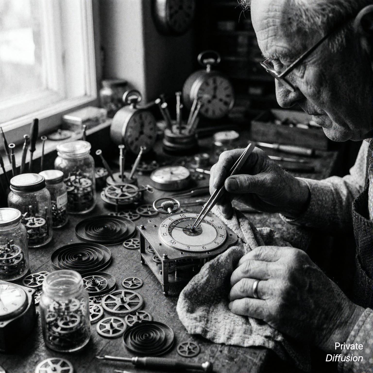 A clockmaker polishes a small moonphase dial at a crowded repair bench.