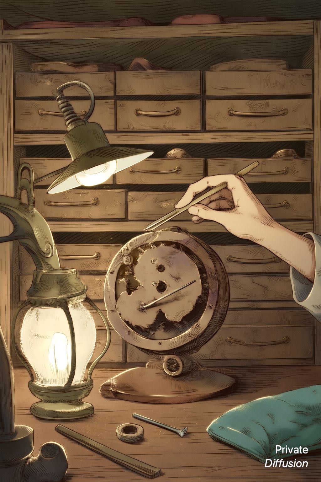 An illustrated clockmaker repairs a brass automaton bird at a cluttered bench.