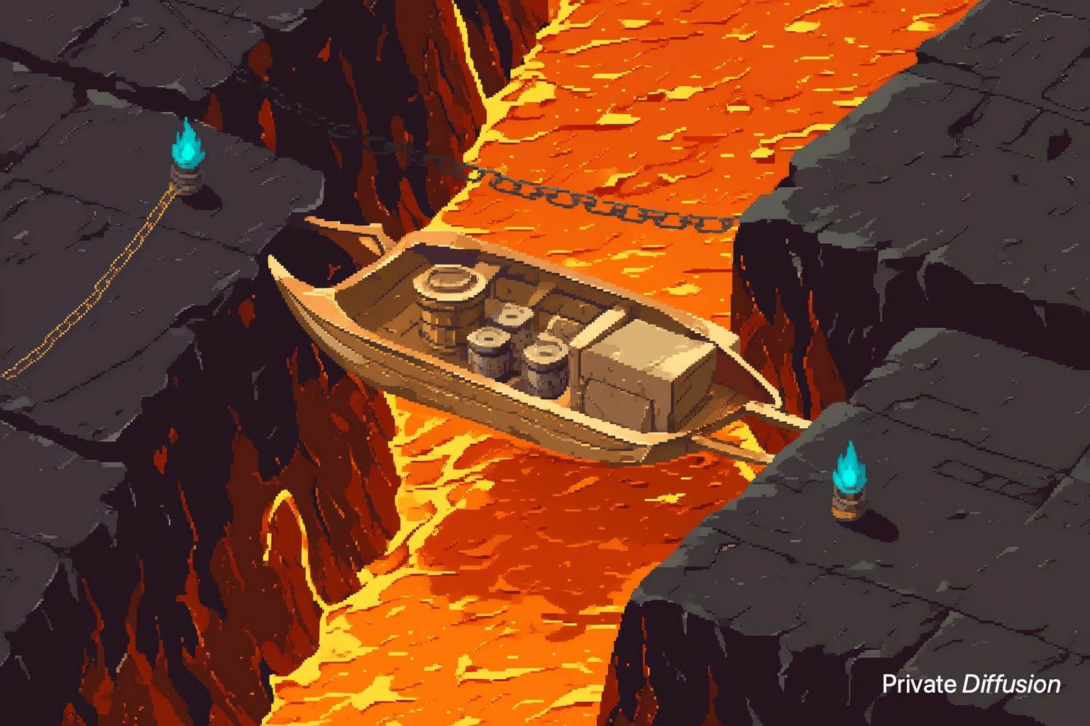 A pixel-art clockwork ferry crosses a glowing lava canal in an underground harbor.