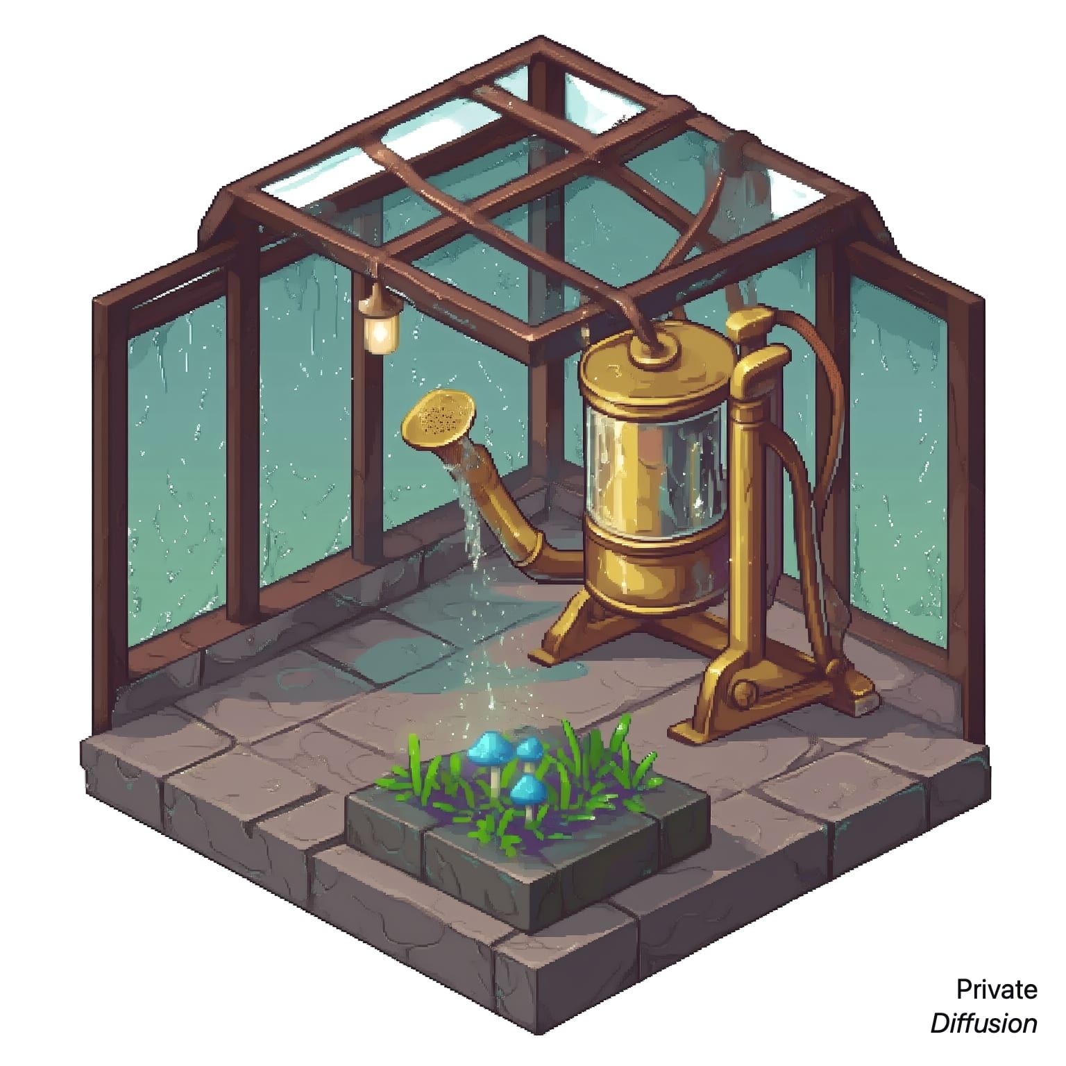 A pixel-art brass automaton waters plants inside a rainy rooftop greenhouse.