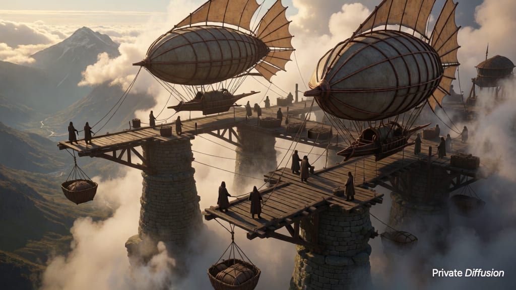 A floating harbor docks seed-shaped airships above a misty mountain valley.