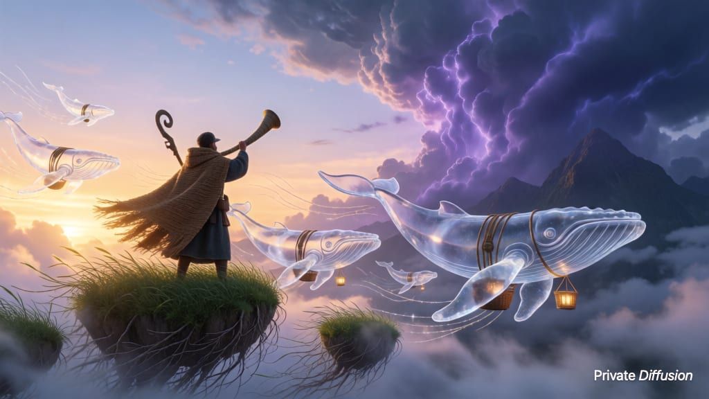 A cloud shepherd guides translucent whales past floating islands at sunset.