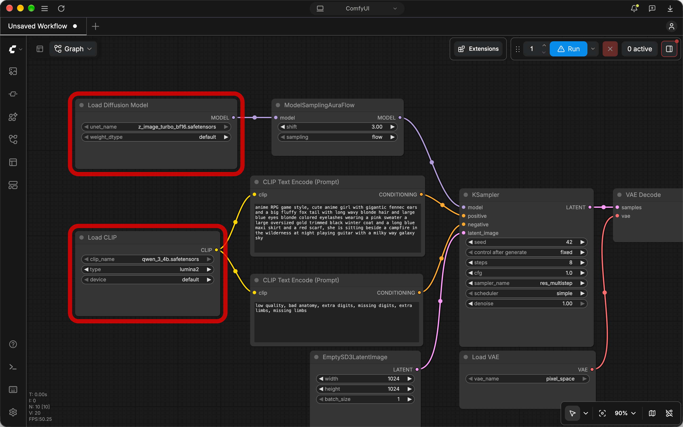 Comfy Desktop 的编辑器:一张节点图,包含 Load Diffusion Model、Load CLIP、两个 CLIP Text Encode 节点、KSampler 和 VAE Decode,其中两个模型加载器因缺少文件被用红色标出。