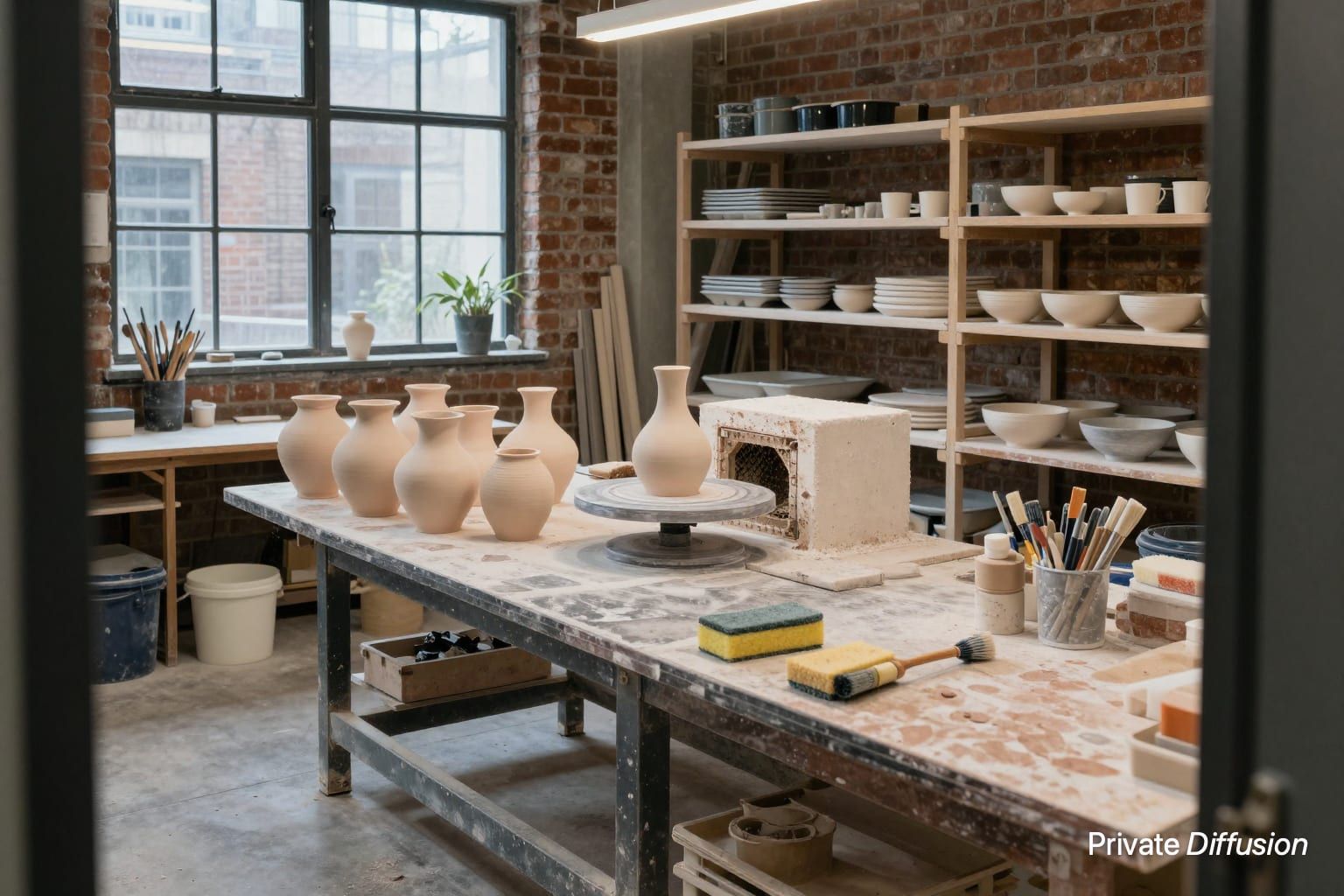 A small brick pottery studio holds bowls, glaze buckets, tools, shelves, and a kiln.