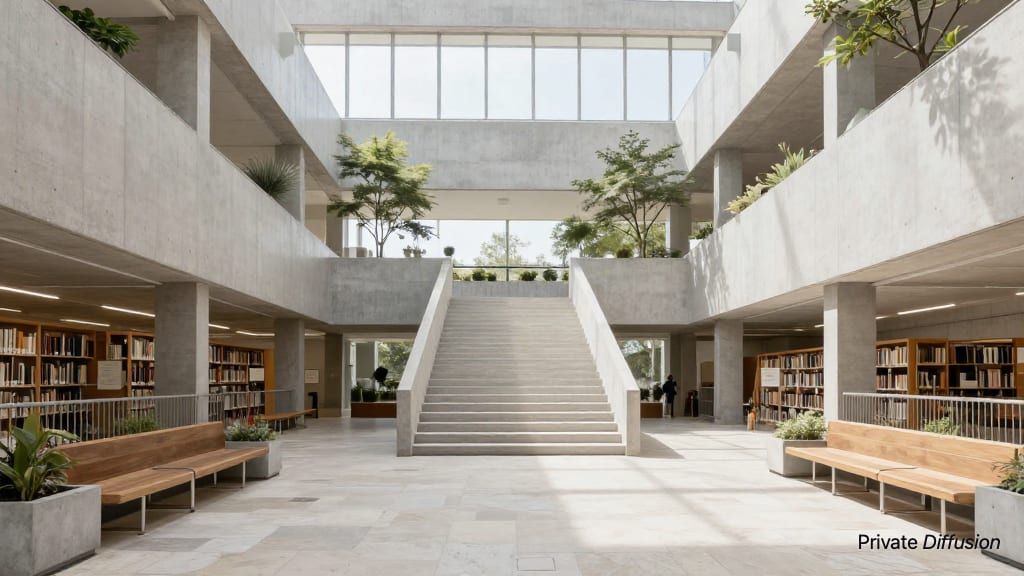 A quiet concrete library atrium has a central stair and roof garden above.