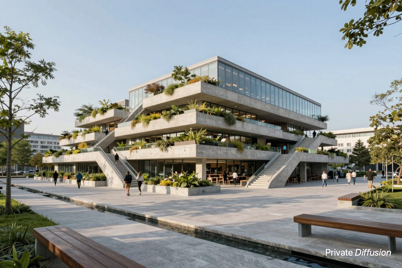 A terraced concrete library with roof gardens rises beside a sunny public plaza.