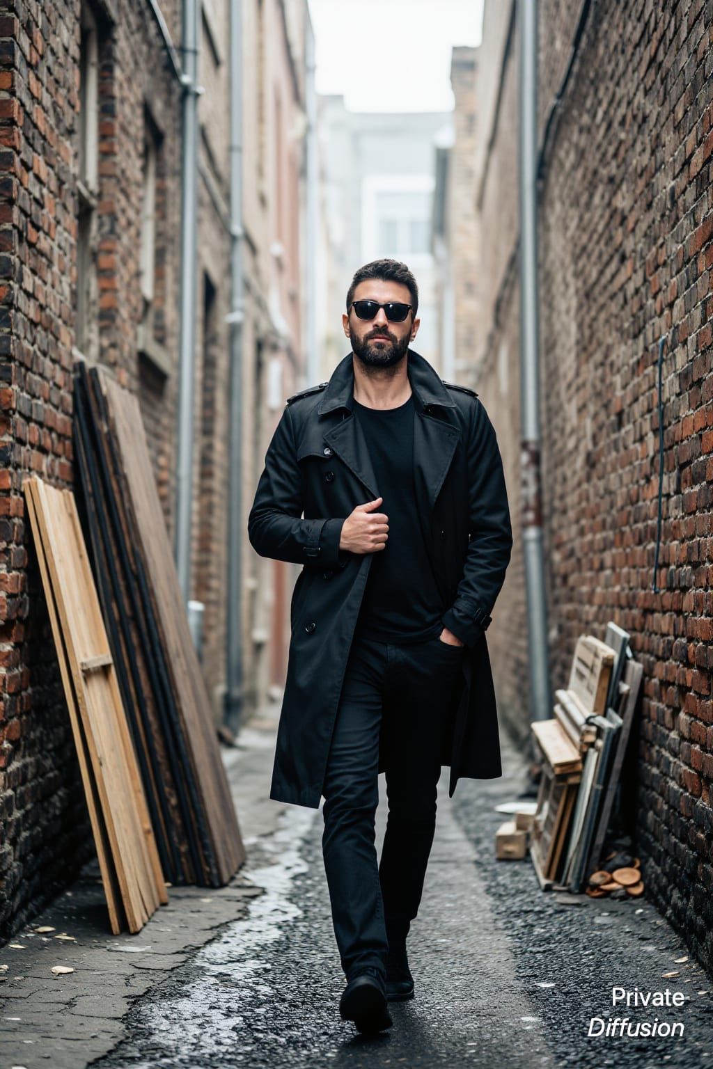 A bearded man in dark clothing walks through a foggy brick alley.