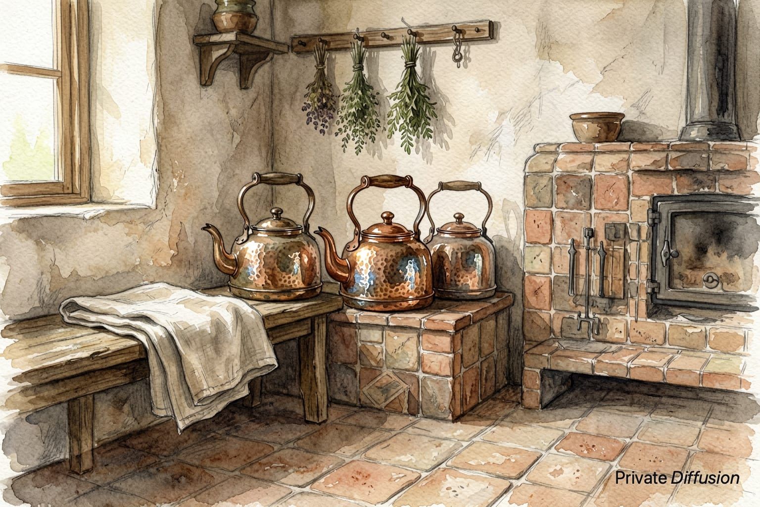 Copper kettles sit near a tiled stove in a softly painted farmhouse kitchen.