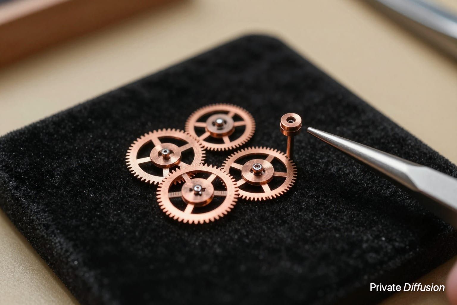 Tiny copper watch gears and a steel tweezer rest on black velvet under warm light.