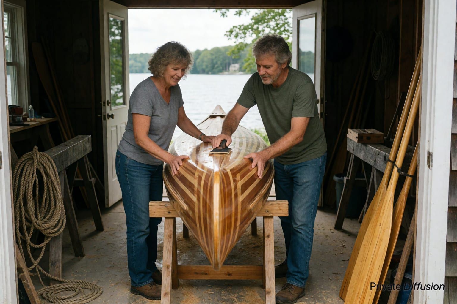 An adult couple sands a wooden canoe together inside a lakeside shed.