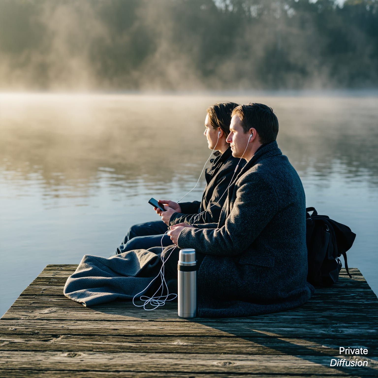 An adult couple shares headphones on a lakeside pier at sunrise.