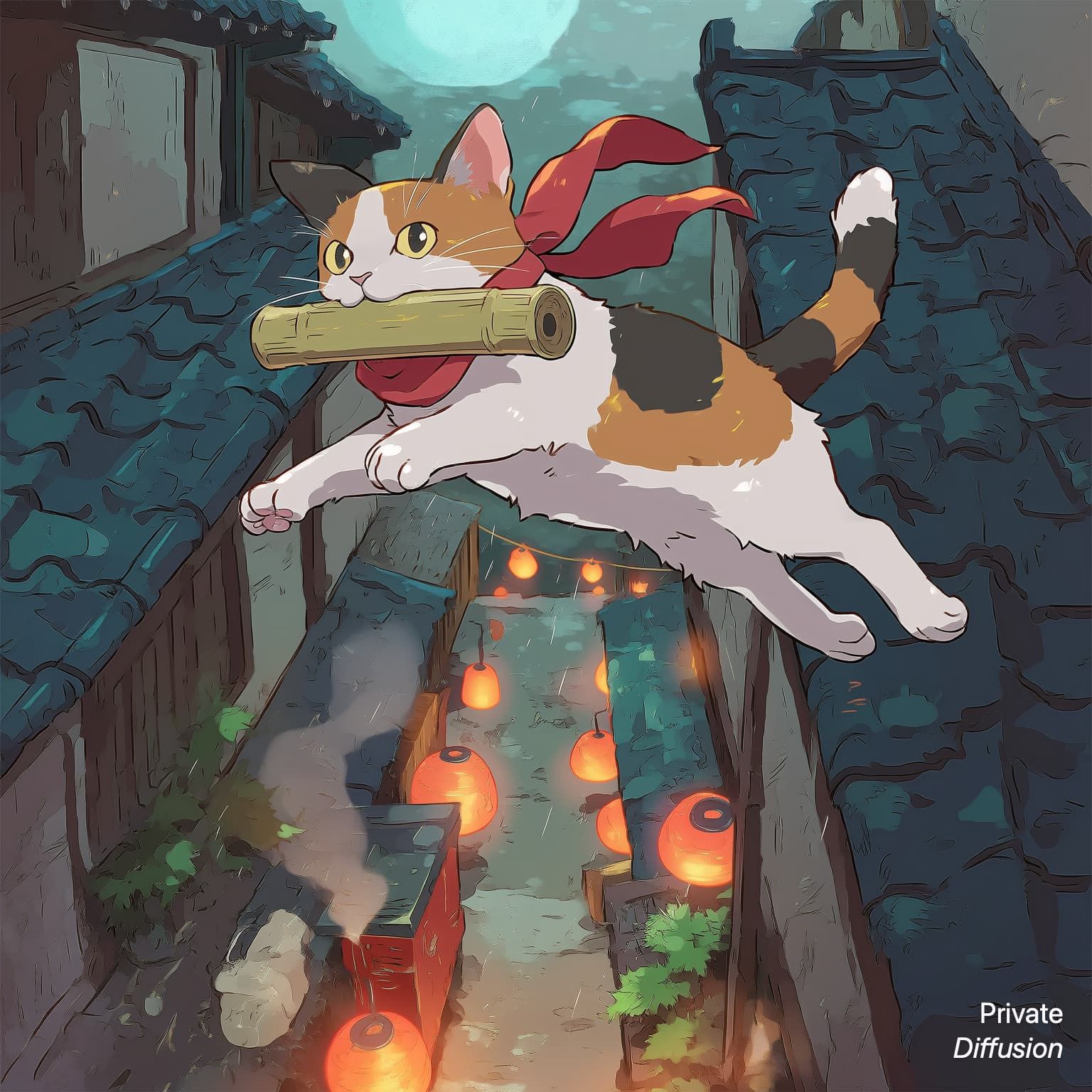 A scarf-wearing calico cat leaps over a lantern-lit night market with a message tube.