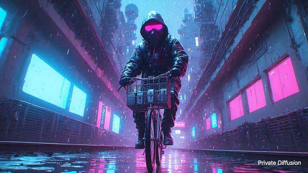 A masked courier rides a cargo bike over a neon-lit canal in a rainy cyberpunk city.