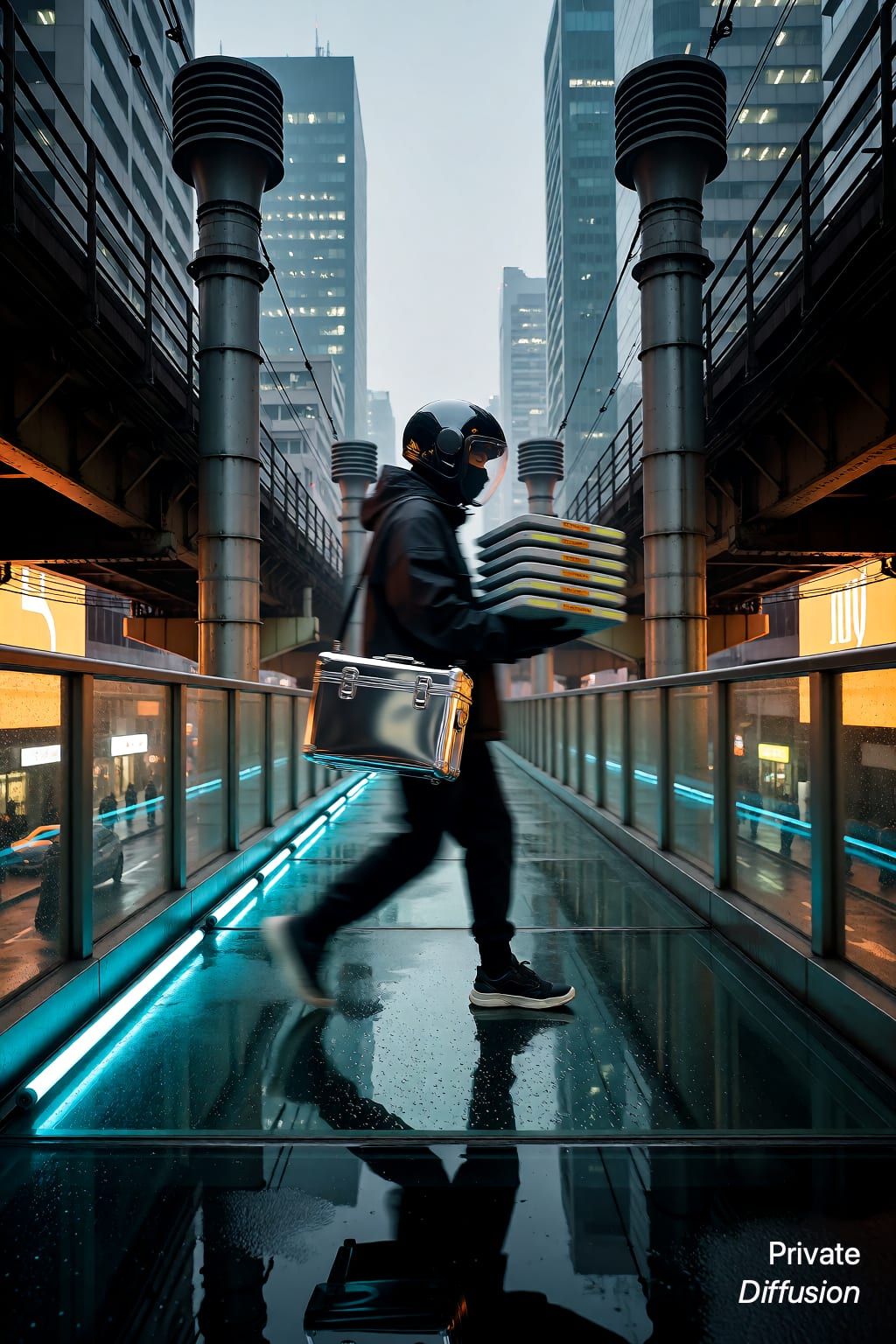 A helmeted courier crosses a glowing skybridge above a rainy futuristic city.