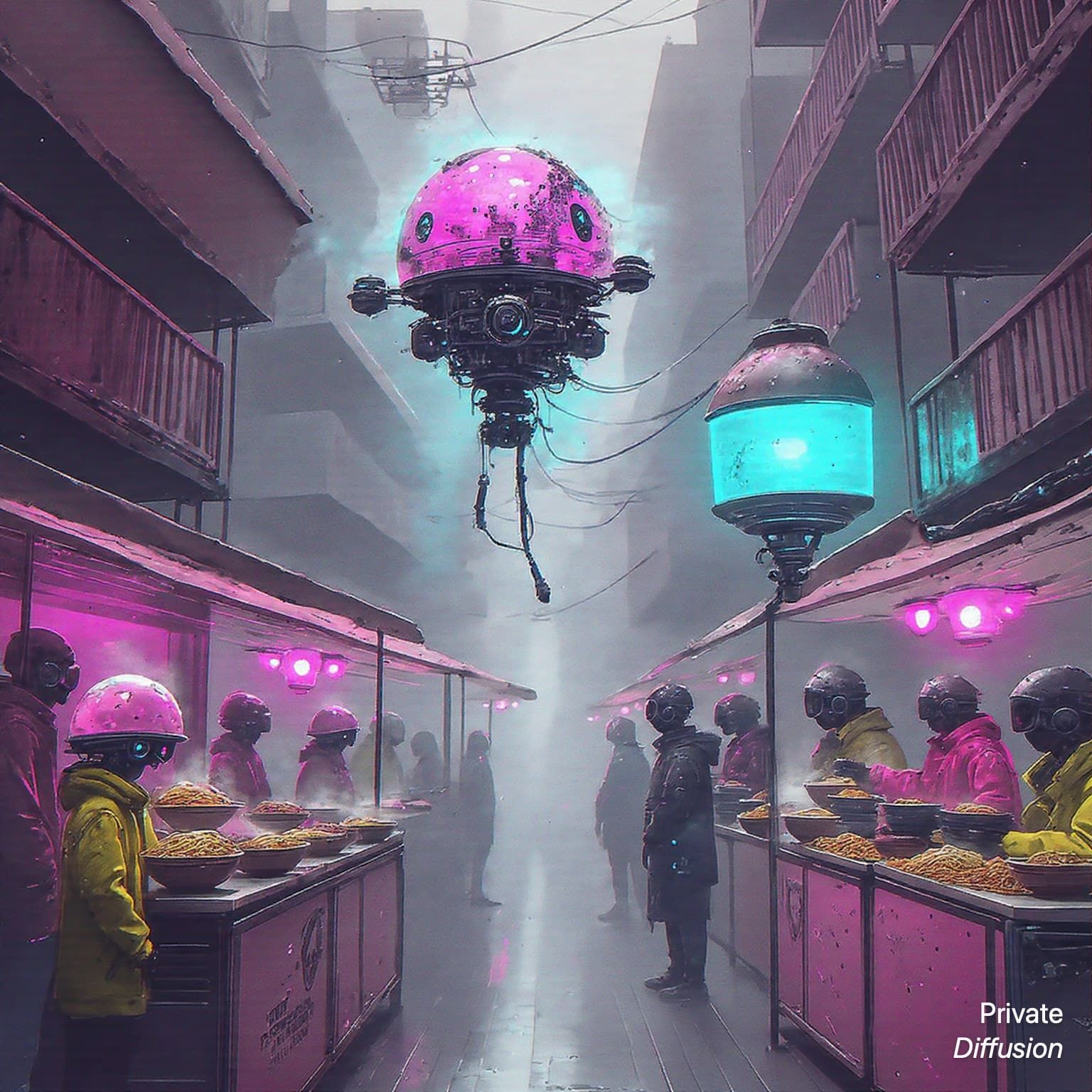 A courier drone hovers over a rainy noodle cart in a neon market alley.