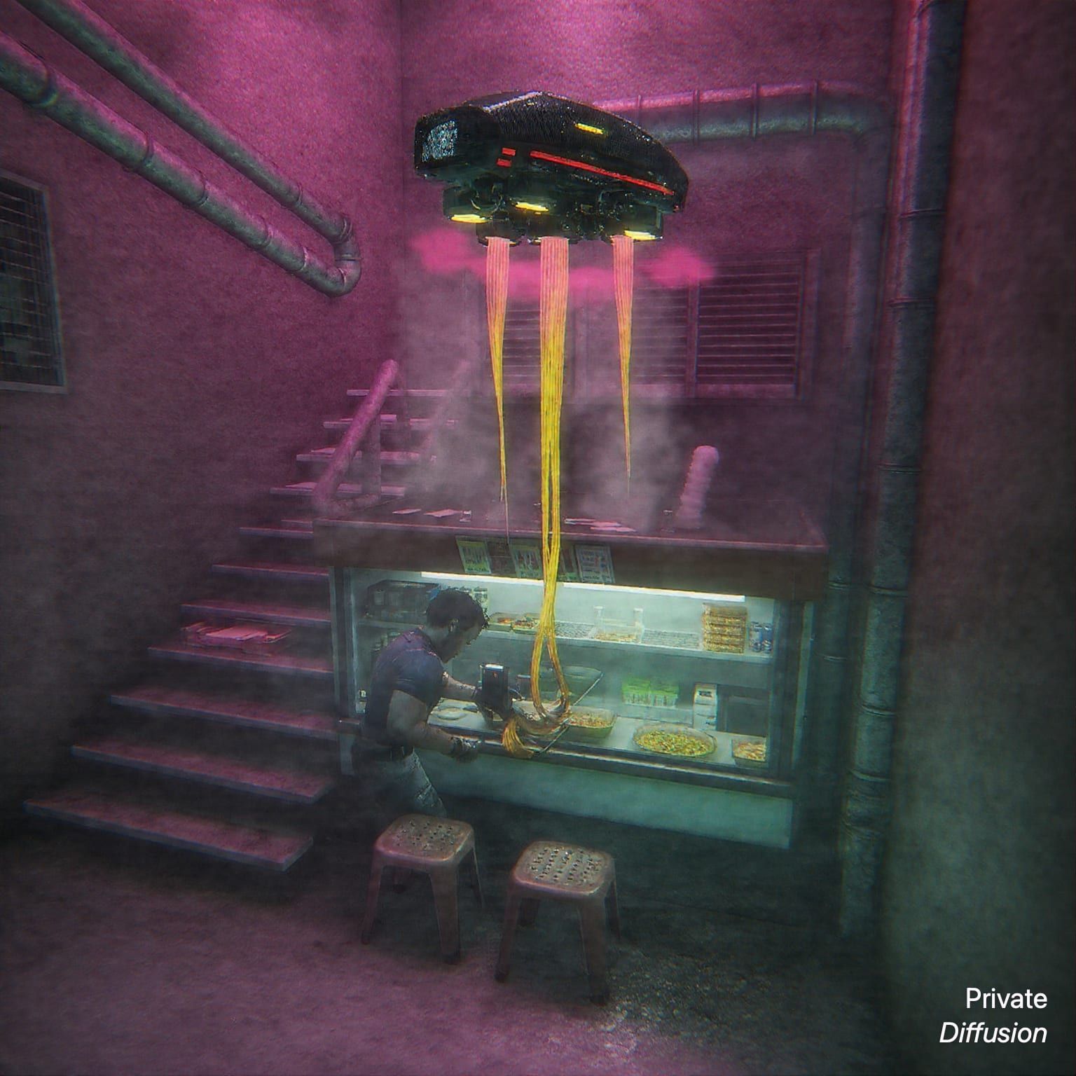 A courier drone hovers over a steaming noodle counter in a neon-lit stairwell market.