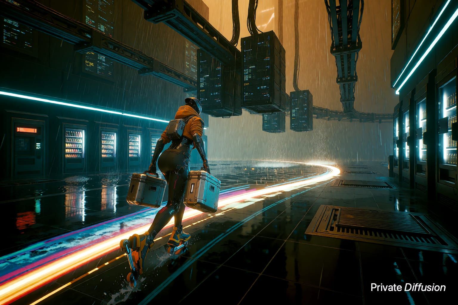A cybernetic courier skates through a rainy data plaza with glowing trails and reflections.