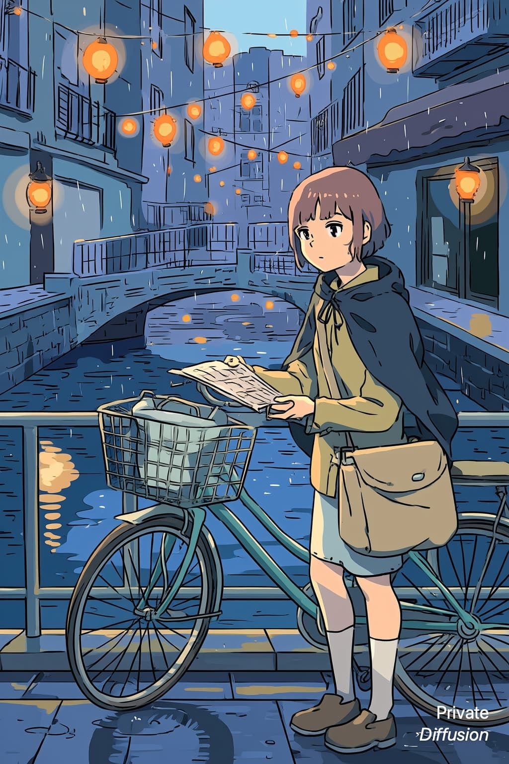 An anime courier stands by a rainy canal as lanterns float above wet bridges.
