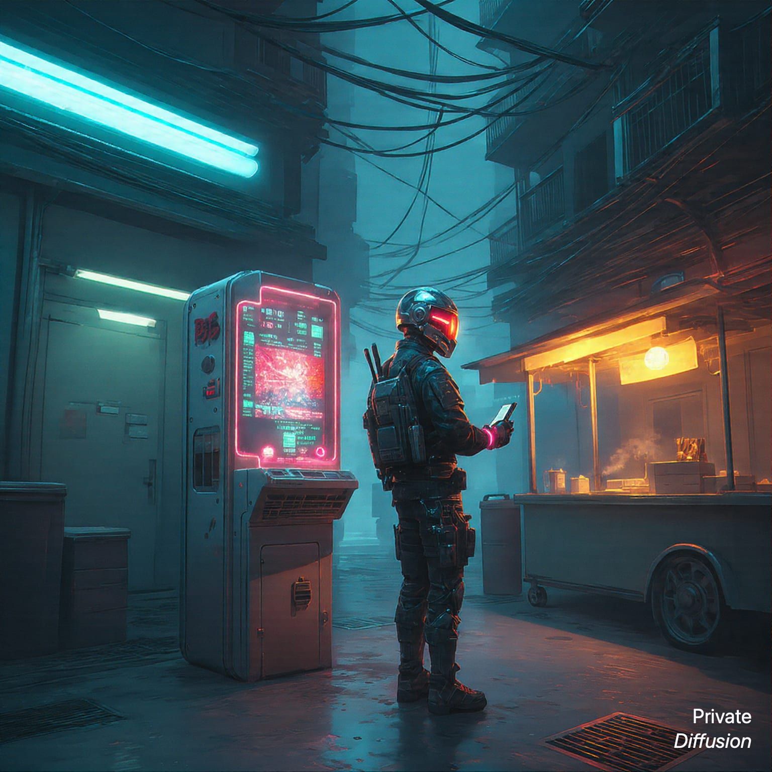 A helmeted courier waits in a neon cyberpunk alley beside wet pavement and hanging cables.