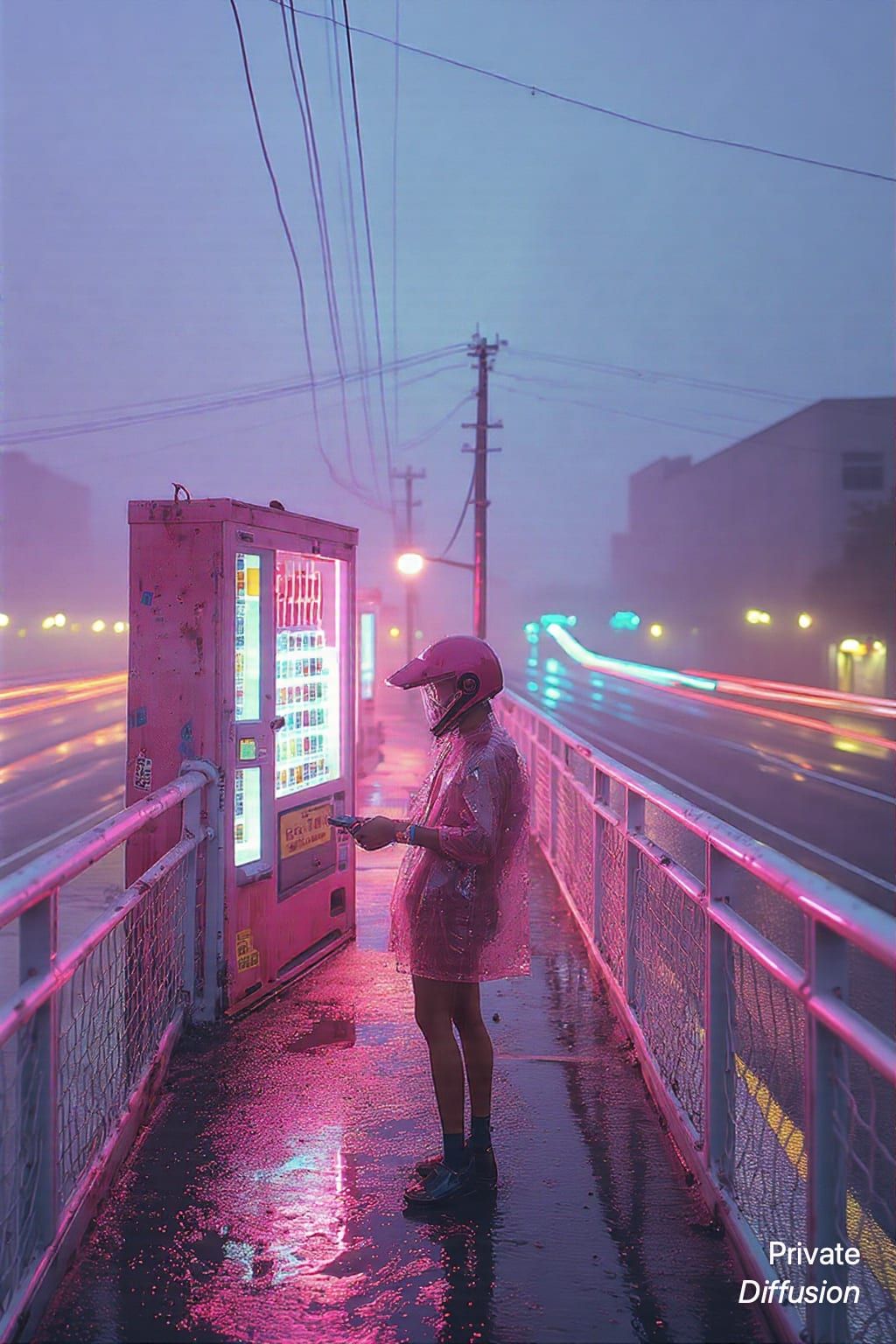 A rain-soaked bicycle courier waits on a neon alley bridge above traffic.