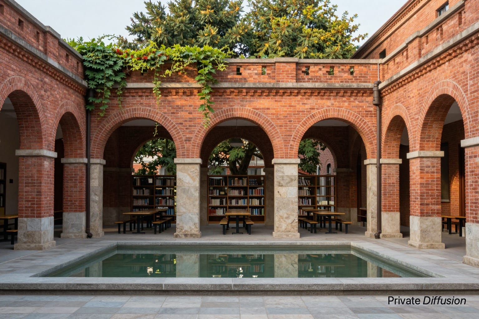 A brick courtyard library surrounds a reflecting pool under warm late afternoon light.