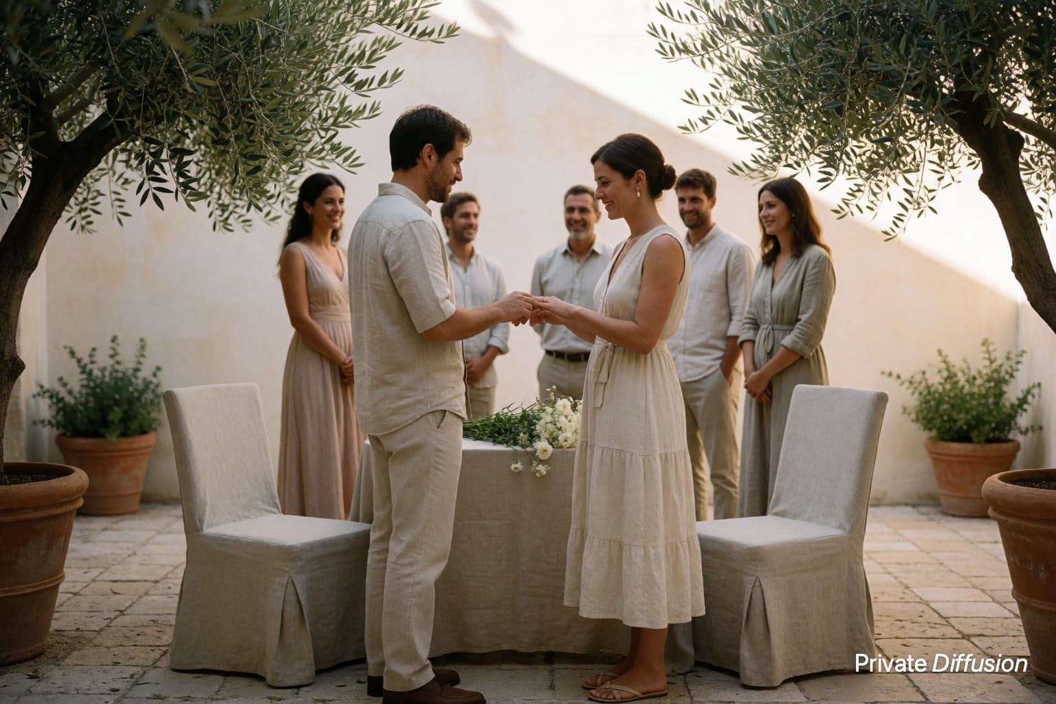Two adults exchange rings in a stone courtyard beneath olive branches.