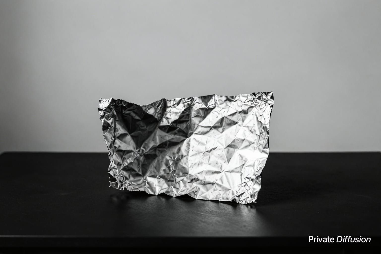 A crumpled foil sheet appears as a black-and-white sculpture under hard studio light.