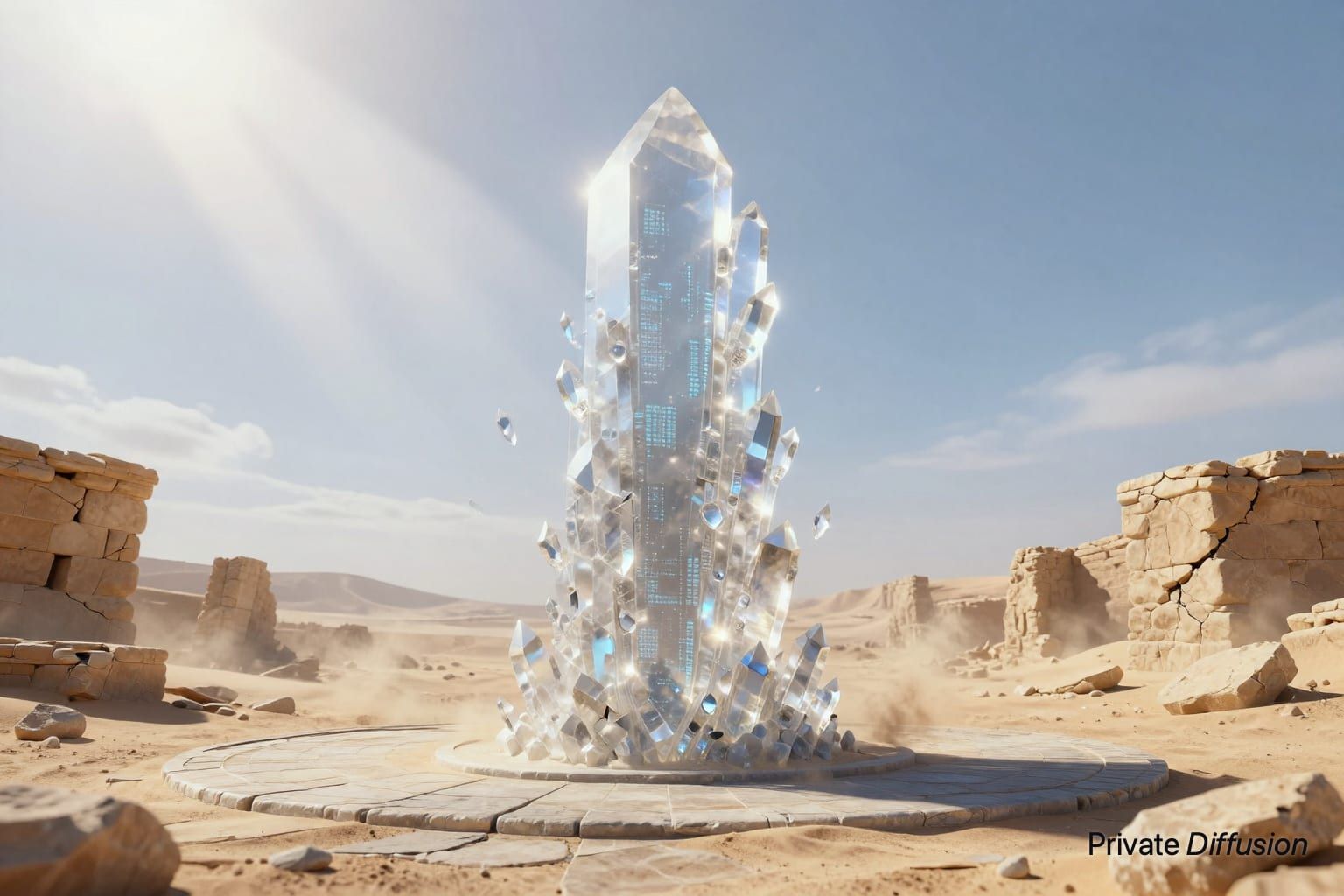 A glowing crystal archive tower rises inside broken desert ruins.