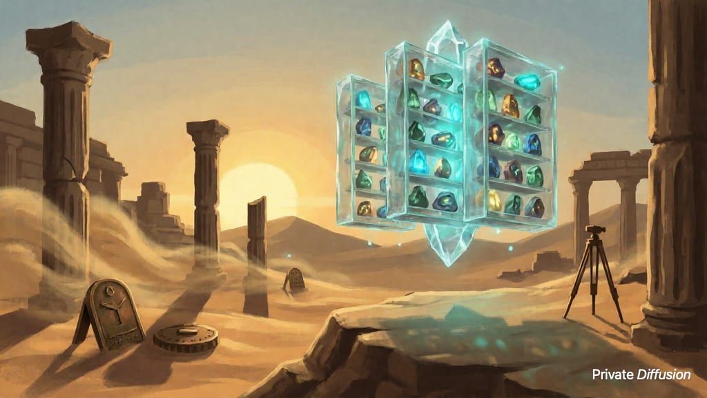 A glowing crystal archive unfolds above desert ruins with sand and long shadows.
