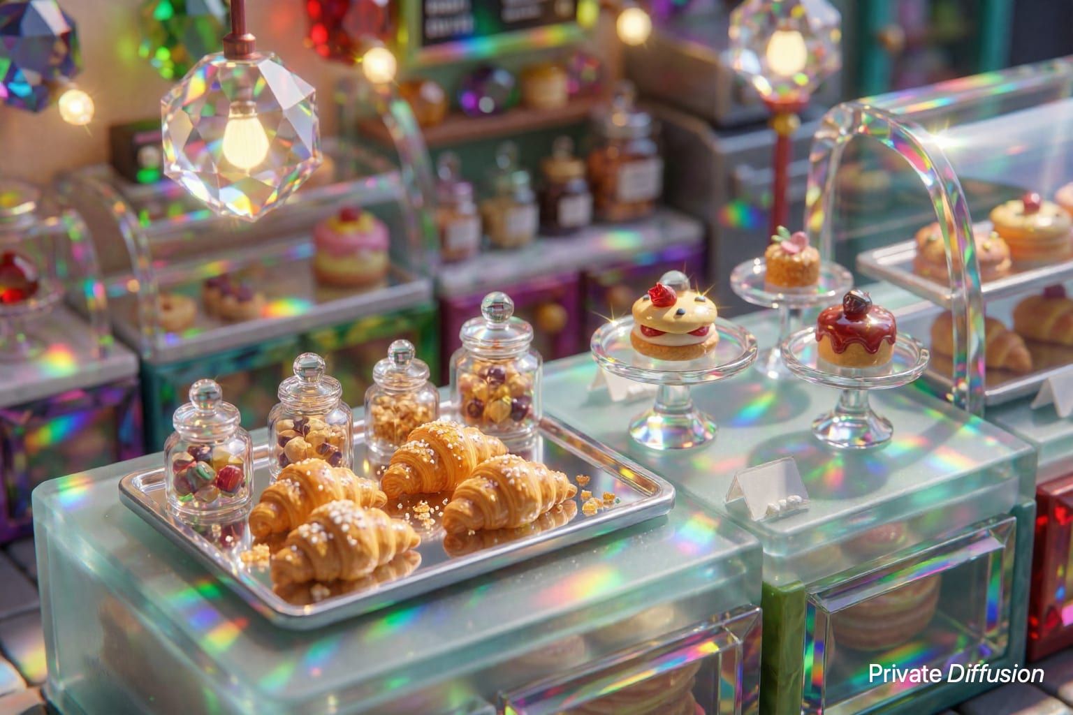 A tiny crystal bakery display sparkles on a frosted glass counter.