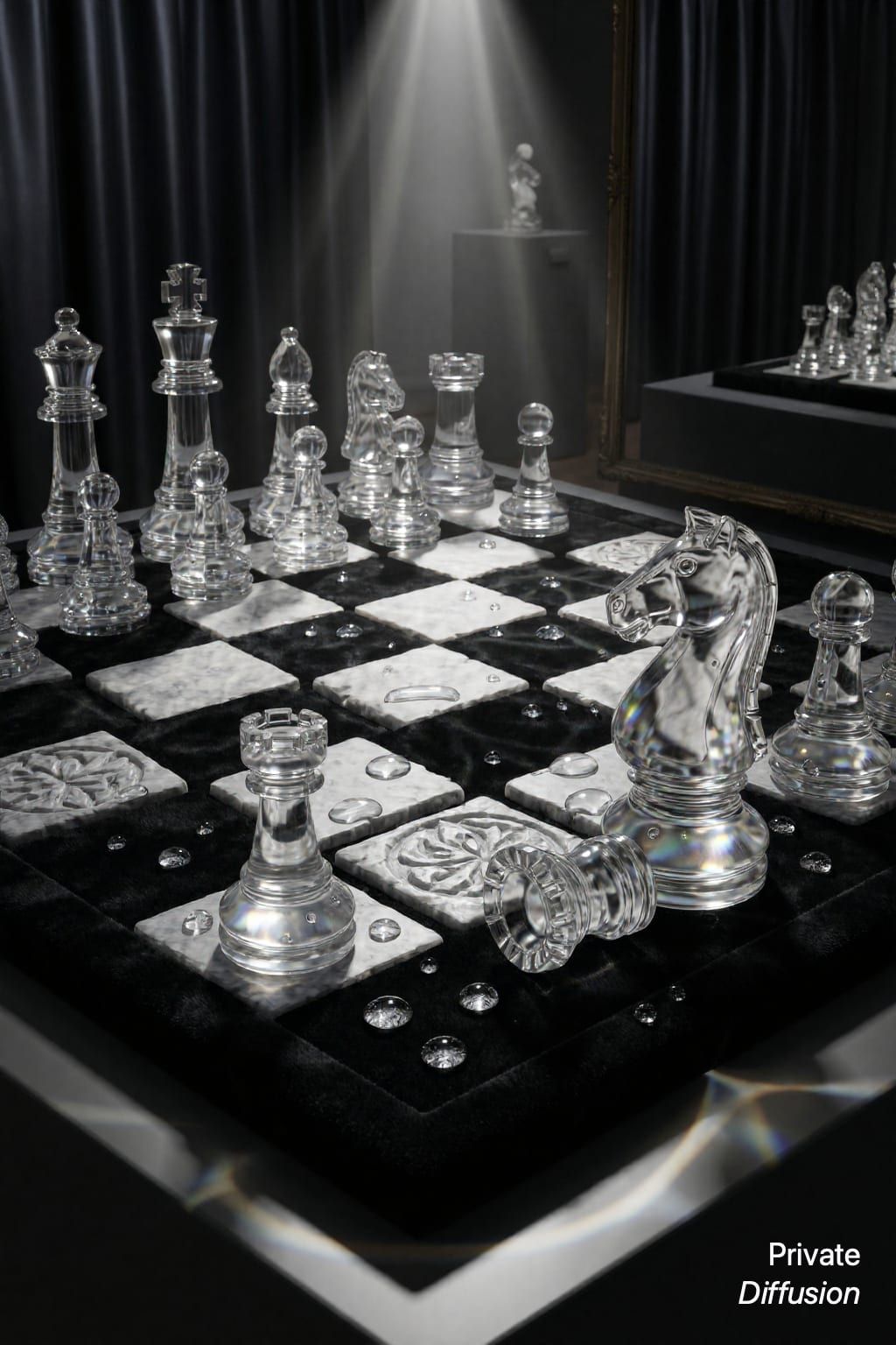 A crystal chess set sits midgame on a velvet board under a gallery spotlight.