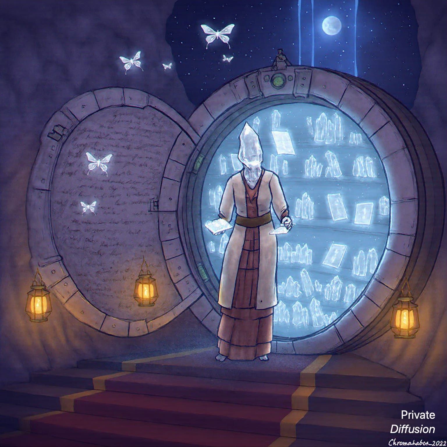 A robed crystal librarian opens a moonlit cliff vault filled with floating glass tablets.