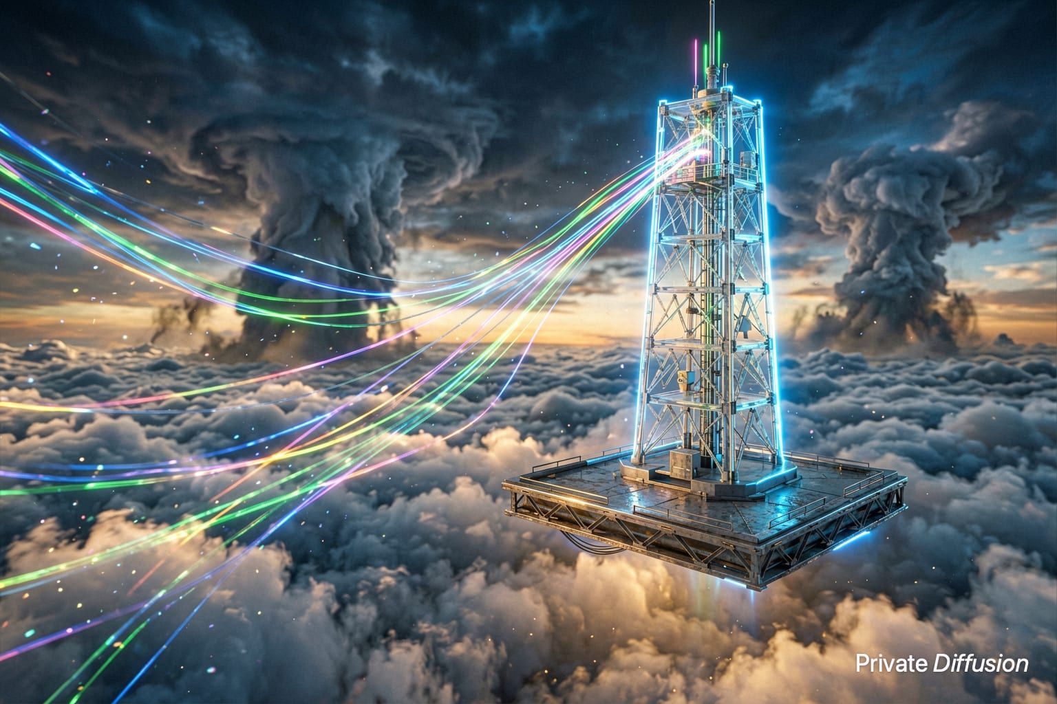 A glowing transparent data tower floats above clouds on a metal platform.