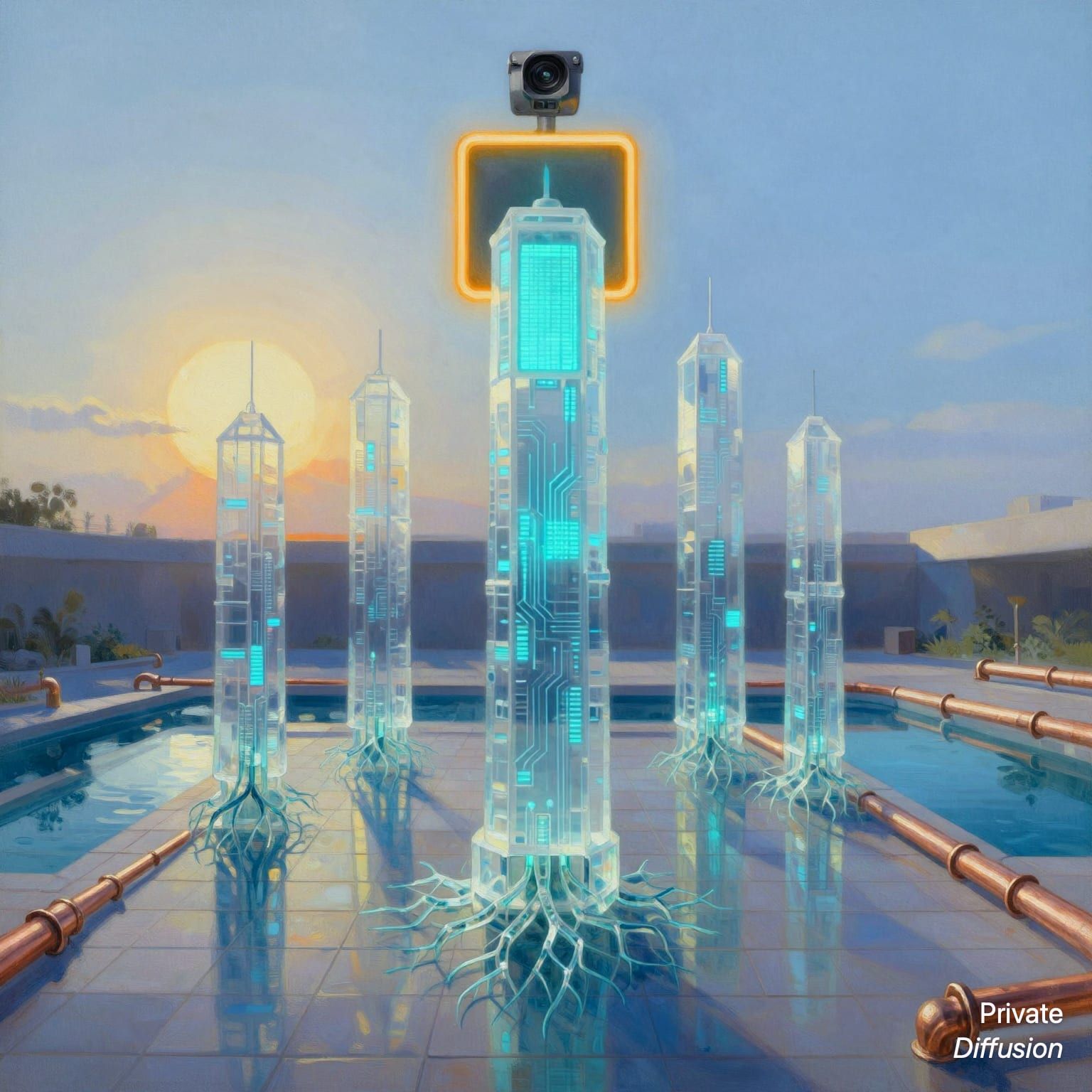 Translucent data towers rise from a reflective tiled courtyard at dusk.