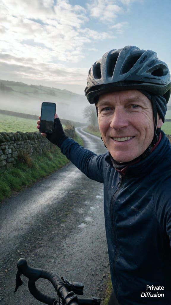 An adult cyclist takes a smiling selfie on a misty rural road after climbing a hill.