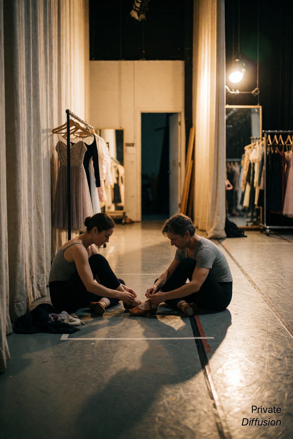 Two adult dancers sit backstage together tying practice shoes after rehearsal.