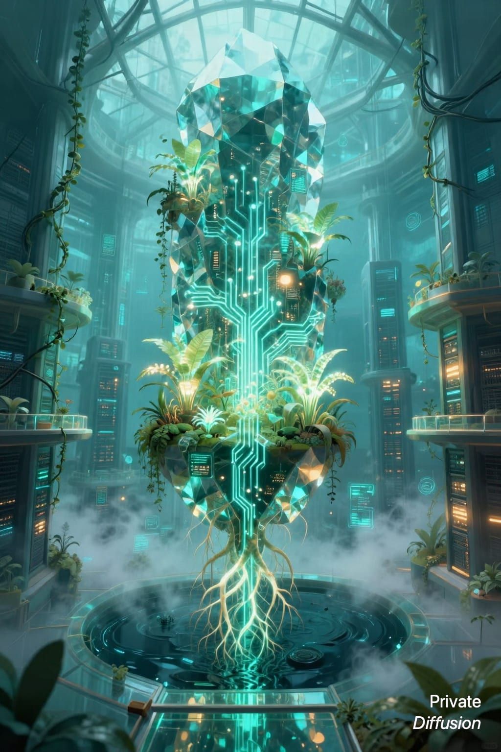 A glowing digital garden rises through a transparent crystal tower.