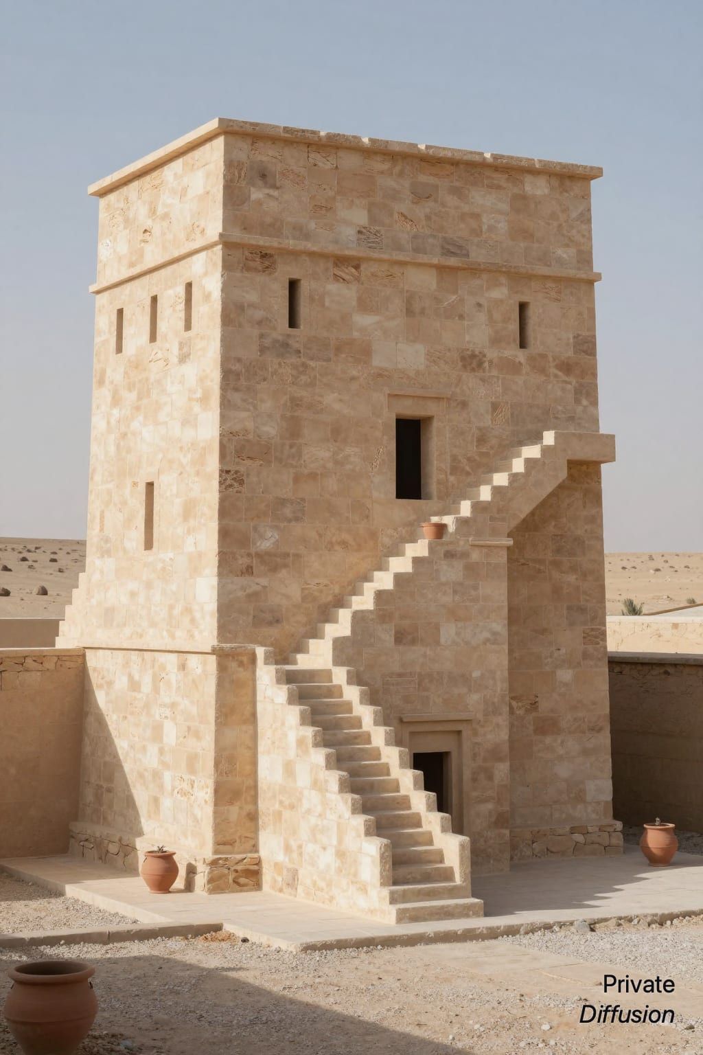 A pale stone archive tower rises from a desert courtyard with shaded exterior stairs.
