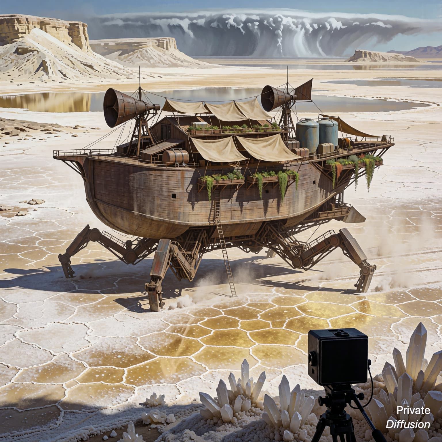 A giant walking desert ark crosses salt flats beneath a distant storm wall.