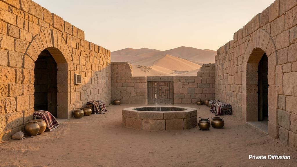 A quiet desert caravanserai courtyard glows at dawn with dunes beyond its gate.