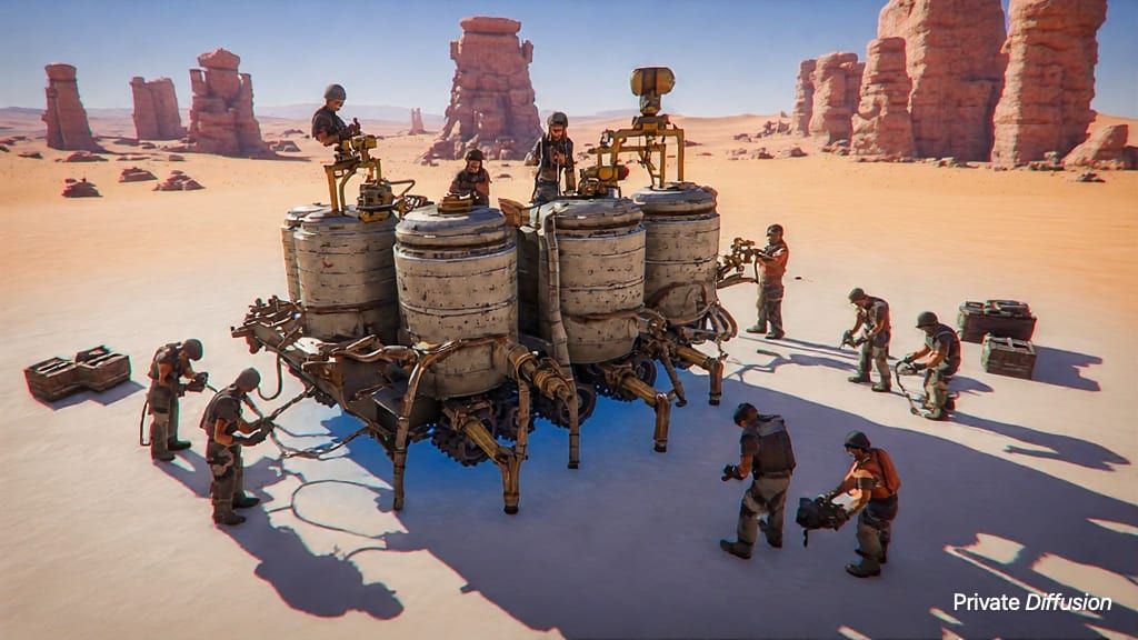 Desert workers repair a six-legged water cistern machine on a bright salt flat.