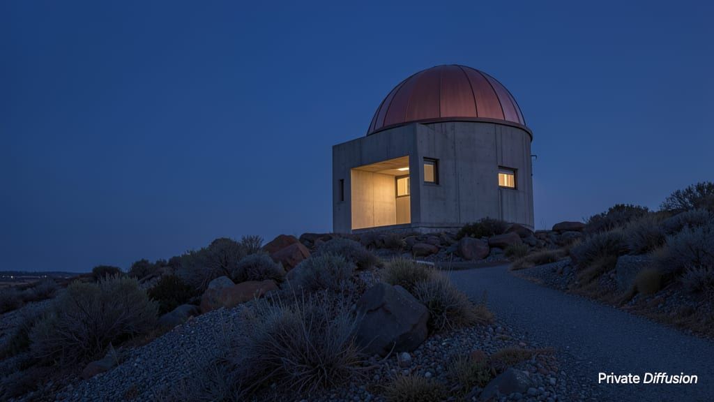 A concrete desert observatory with a copper dome glows at twilight under a clear sky.