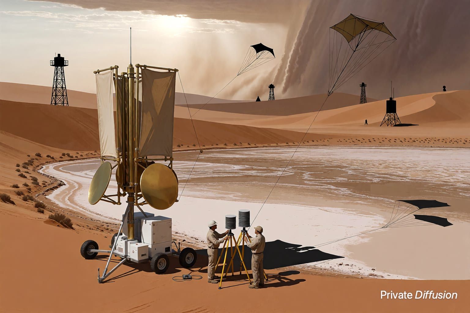 A mobile desert observatory deploys sensors and cloud-harvesting kites beside a salt basin.