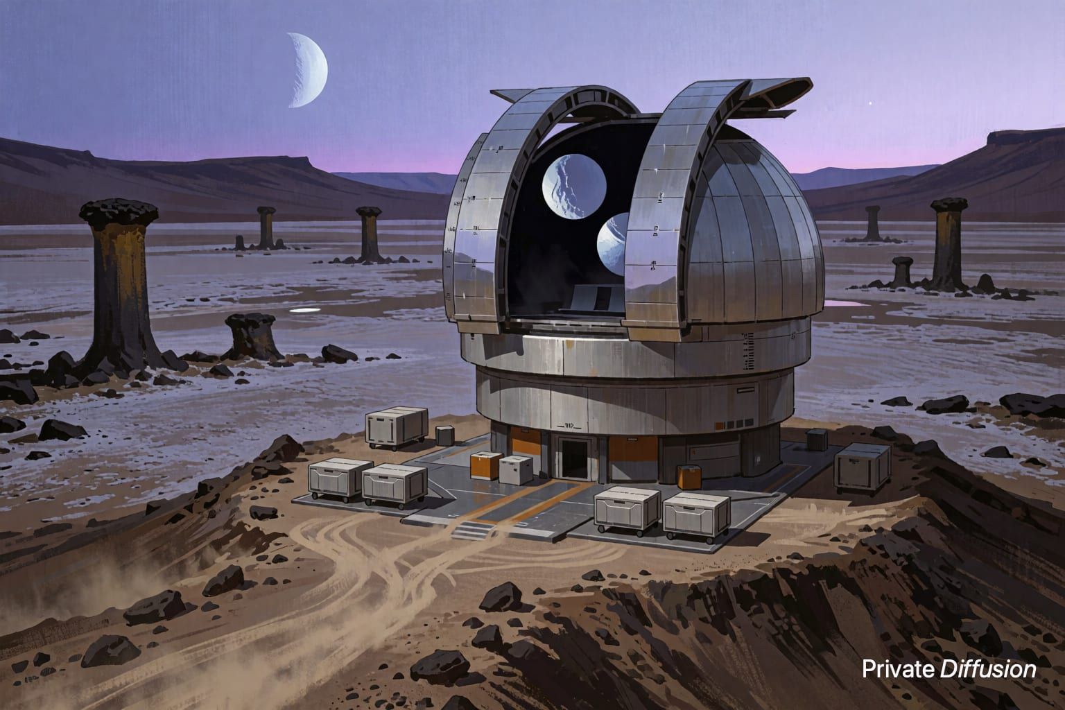 A desert observatory opens mirrored panels beneath two moons at dusk.