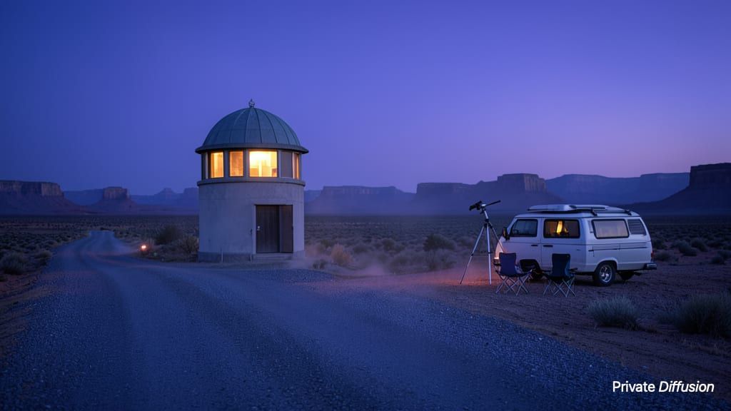 A camper van is parked near a desert observatory at blue dusk.