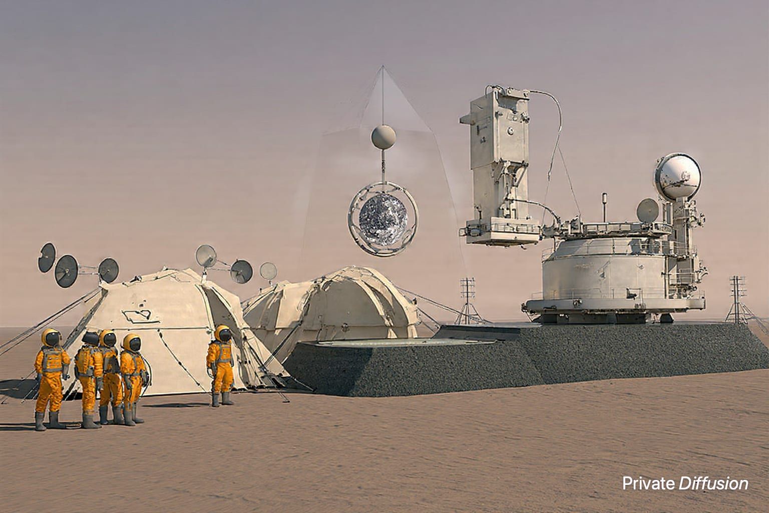 A suited research crew observes a transparent comet core hovering above a desert platform.