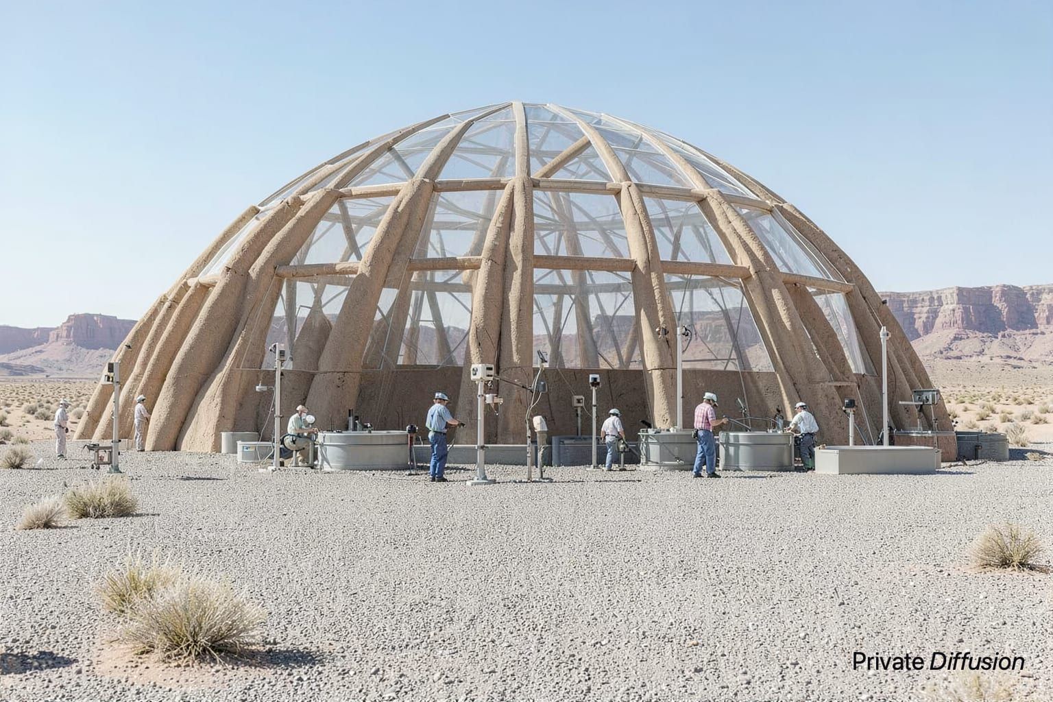 A rammed-earth research dome stands in a desert basin with sensor masts nearby.