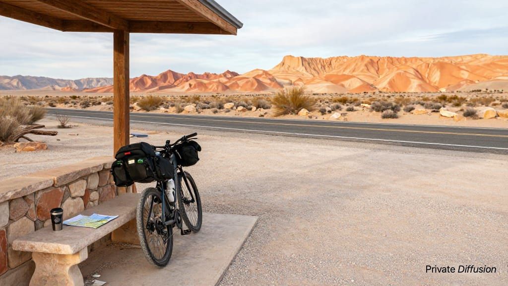 A touring bicycle leans at a quiet desert rest stop after sunrise.