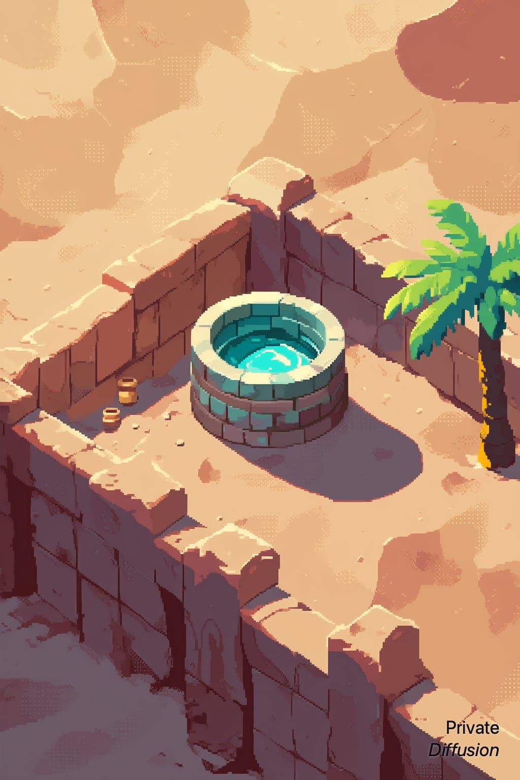 A pixel-art desert shrine stands beside a bright blue well in an oasis ruin.